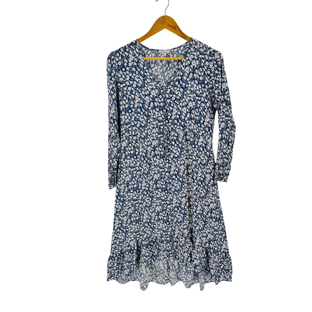 Rails Jade Dress Navy Camellia Floral Print Medium V-Neck Long Sleeve Ruffle Hem